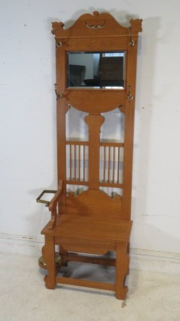 Oak hall tree with brass hooks and beveled mirror (1 of 7)