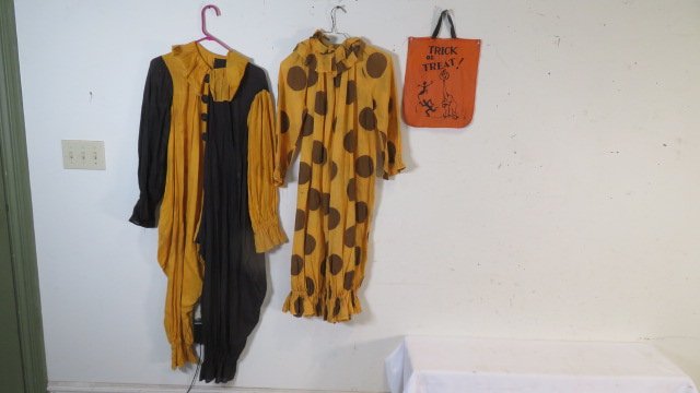 2 mid-20th century Halloween clown outfits and a Trick-or-Treat cloth bag (1 of 3)