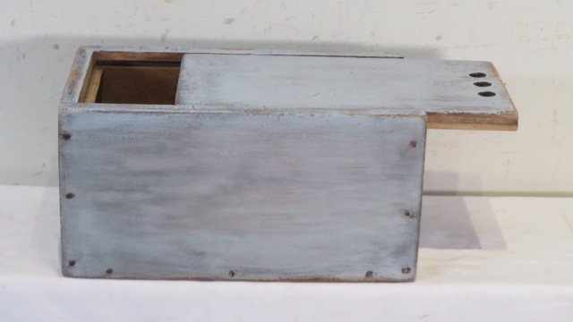 Poplar sliding lid candle box in gray/blue paint: Poplar sliding lid candle box in gray/blue paint, square nail construction, 8"T x 15.5"L x 9.5"W