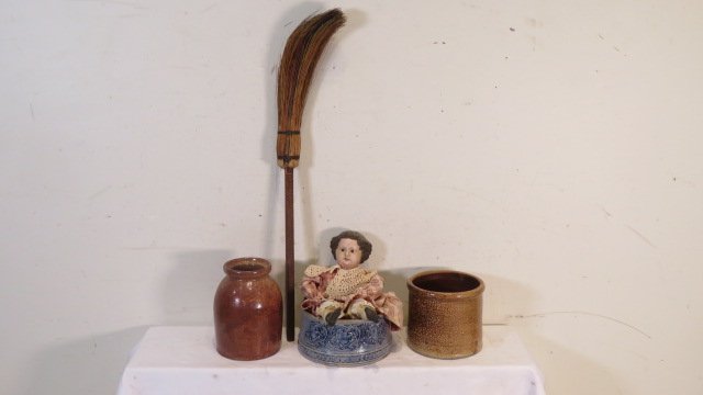 3 pieces of stoneware, hearth broom and doll (1 of 9)