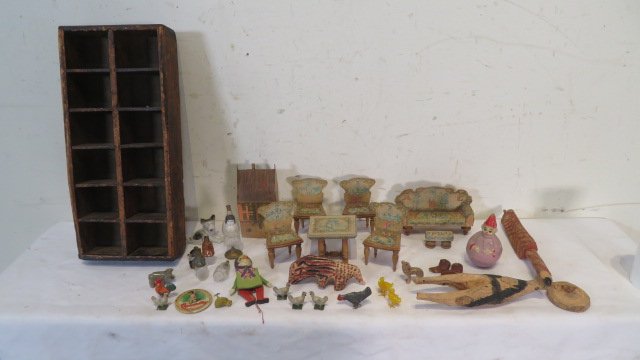 Large group of misc toys and divided wooden box (1 of 8)