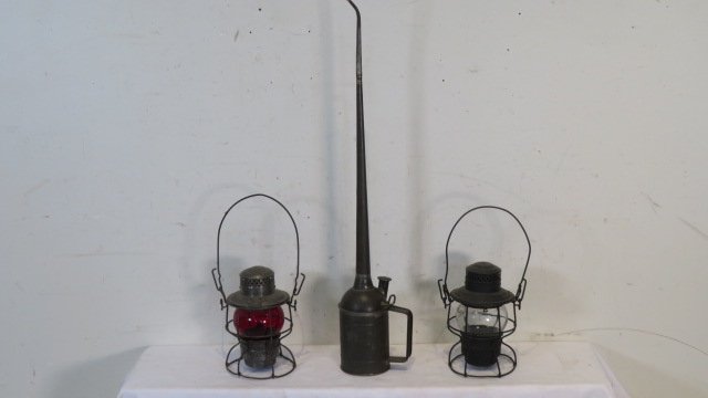 2 Railroad lanterns and an oiler, all marked (1 of 7)