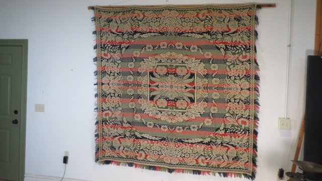 4 color Jacquard coverlet: 4 color 1 piece Jacquard coverlet, floral and leaf motif with wild turkeys in each corner, unsigned, 81" x 82"