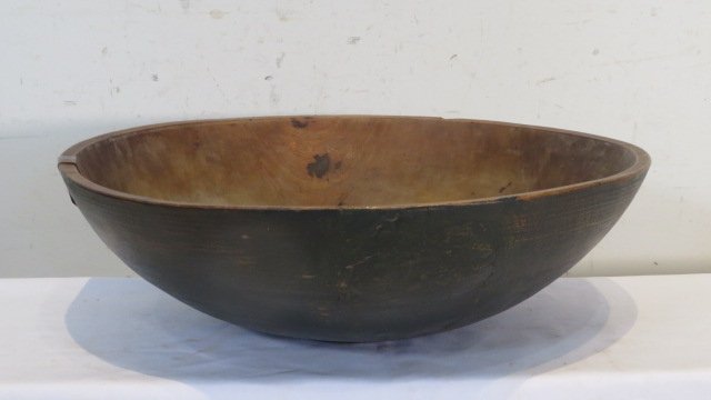 Maple 19.25"D footed bowl in green paint: Maple 19.25"D footed bowl in green paint, 6"D, with make-do metal repair for 4.5" crack