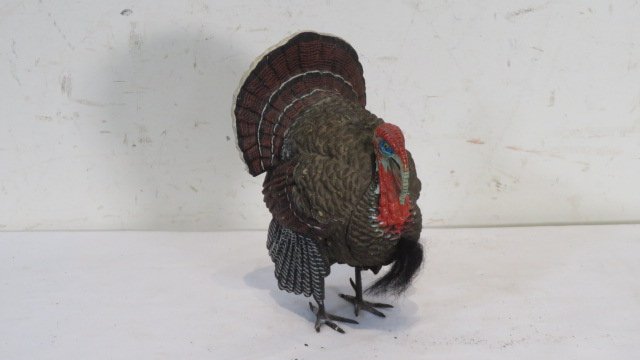 Papier-Mache Tom turkey with a beard candy container: Papier-Mache Tom turkey with a beard candy container, metal legs, 7"T x 4.5"W x 4.5"D, Provenance the late Sally Siegrist