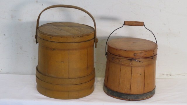 2 wood firkins with lids: 2 wood firkins with lids, one is in mustard paint and the other is natural finish, largest is 10"T x 9"D (top) and 9.25"D (bottom), smaller is 7.5"T x 7.5"D (top) and 8"D (bottom)