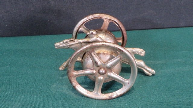 Early race horse and jockey bell toy: Early race horse and jockey bell toy, iron and tin, nickel-plated, 3"T x 5"L