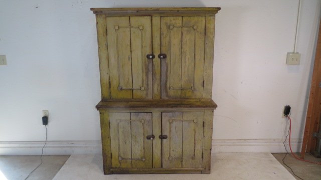 19th century pine blind door 2-pc step back cupboard in worn mustard paint (1 of 5)