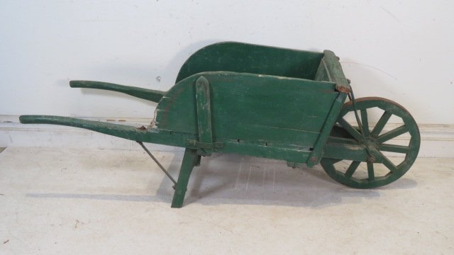Early wooden spoke wheel wheelbarrow in old green paint (1 of 5)
