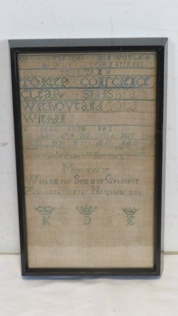 Schoolgirl sampler with numbers, alphabet, and verse (1 of 4)