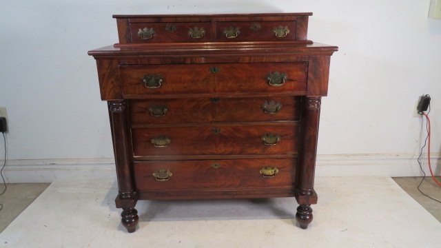 Ca 1829 rare mahogany Empire chest of drawers signed J Chickering: Ca 1829 rare mahogany Empire chest of drawers signed J Chickering (Jonas Chickering was a cabinetmaker before becoming a famous piano maker in Boston), 6 dovetailed drawers, 45"T x 43"W x 21.5"D