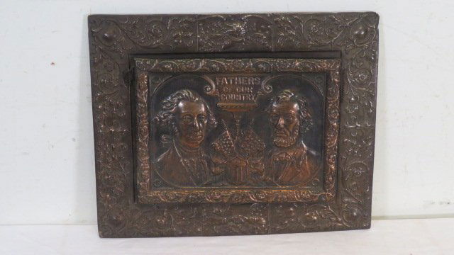 Ca 1876 "Fathers of our Country" molded copper wall pocket (1 of 5)