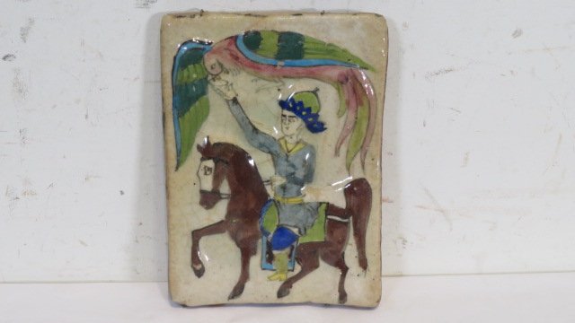 18th century tile of a horse and rider: 18th century tile of a horse and rider with a bird, 6"W x 8.5"T