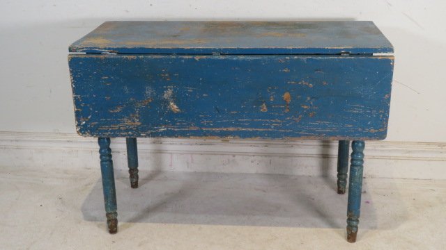 Late 19th century pine drop-leaf table in old blue painted surface (1 of 6)