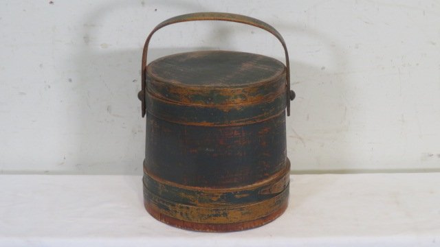 Wood firkin in dark blue paint with lid: Wood firkin in dark blue paint with lid, 18XX on the handle, copper tacks, 10"T x 9.5"D (top) & 10"D (bottom)