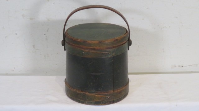Wood firkin in green paint with lid: Wood firkin in green paint with lid, copper tacks, 10"T x 9"D (top) & 9.5"D (bottom)