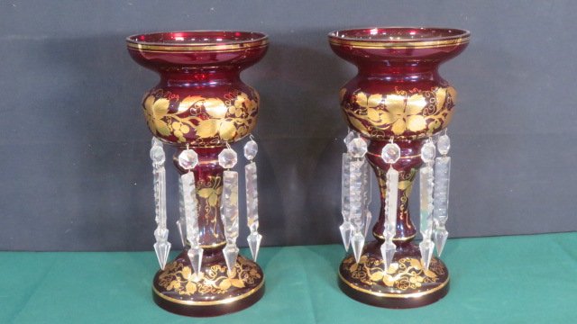 Pair of 19th century ruby gold enameled lusters with prisms (1 of 5)