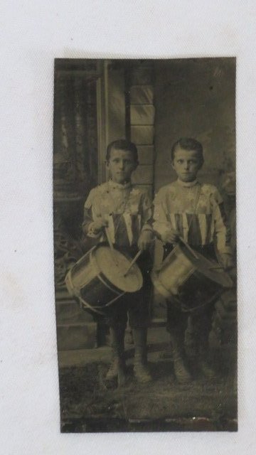 Mid-19th centiury tintype photograph of 2 drummer boys in 4th of July outfits (1 of 5)