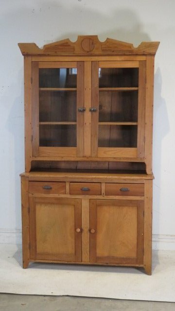 Late 19th century butternut and walnut step back glass door cupboard (1 of 7)