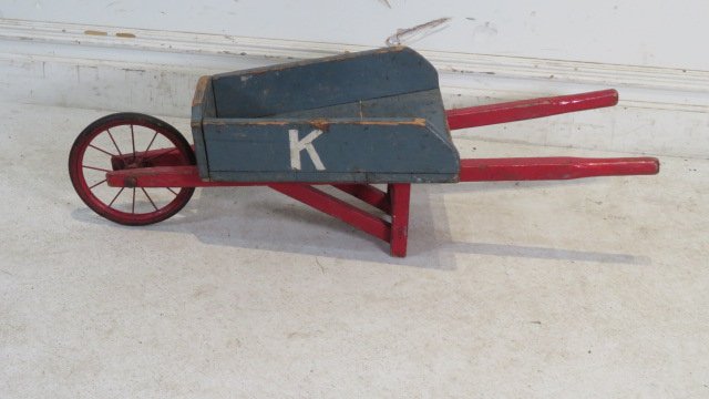 Ca 1920 child's wheelbarrow in old red and blue (1 of 5)