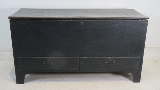 Early 19th century dovetailed cherry 2 drawer blanket chest in old dark, green paint (1 of 5)