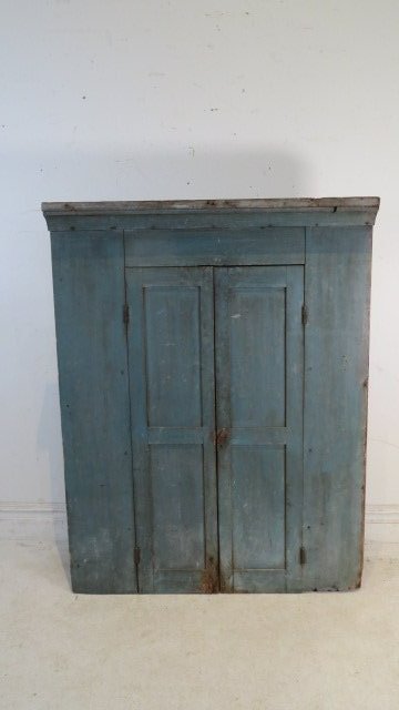 19th century poplar built-in cupboard in original old blue paint: 19th century poplar built-in cupboard in original old blue paint, wooden pinned and mortis and tenon construction, sides are rough-sawn, never painted on the inside, 57"T x 43"W x 11"D