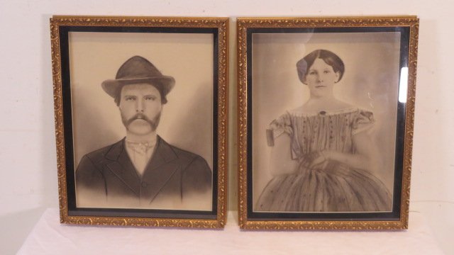 Pair of late 19th century charcoal portraits: Pair of late 19th century charcoal portraits, unsigned, overall 22"T x 17"W