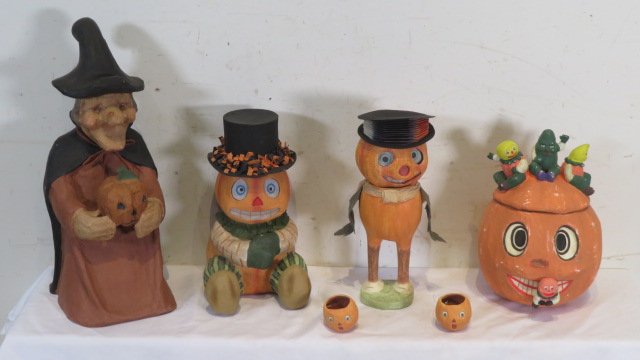 Group of 6 reproduction papier mache Halloween collectibles: Group of 6 reproduction papier mache Halloween collectibles, the Wicked Witch is 19"T, Provenance of the late Sally Siegriest