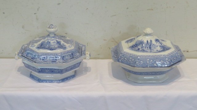 2 light blue Staffordshire covered vegetable bowls (1 of 7)