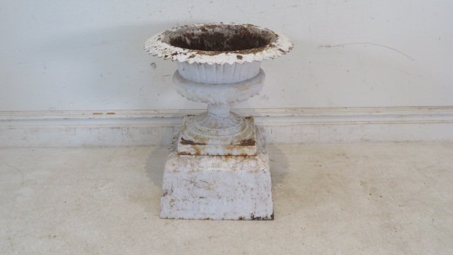 19th century-early 20th century 2-pc cast iron garden urn, white (1 of 5)