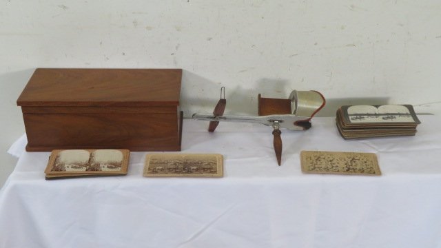 Late 19th cent. complete stereo viewer with a walnut storage box & 34 cards (1 of 13)