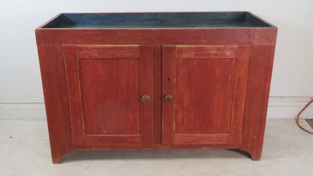 Early 19th century poplar dry sink in old red and blue painted well (1 of 5)