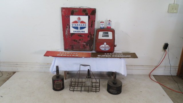 Standard Oil memorabilia plus old oil bottle carrier & 2 metal fuel cans (1 of 8)