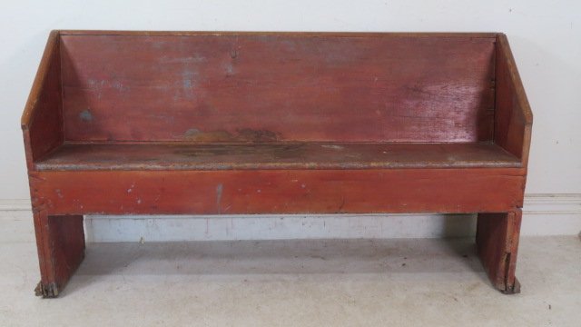 Primitive pine bench in old red paint over gray (1 of 4)