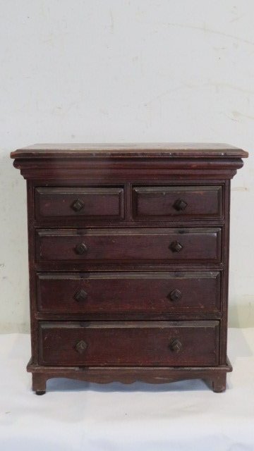 Miniature 5 drawer chest in old red paint (1 of 8)