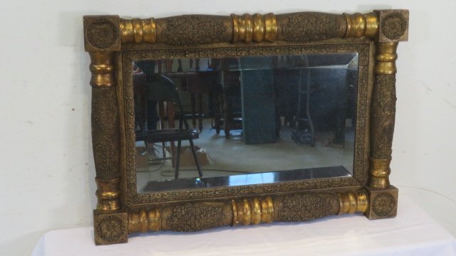 Period federal beveled wall mirror: Period federal beveled wall mirror, original gilding and hand-chamfered back, 23"T x 32"W