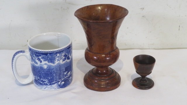 2 pieces of woodenware: Burl tumbler and a small dose cup, tumbler 5 1/2" and 4 1/2" dia.