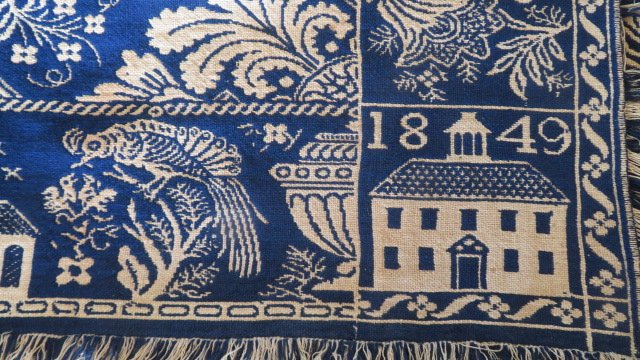 1849 Indiana blue and white half coverlet: 1849 blue and white 1/2 of a coverlet with Courthouse corner block attributed to James Craig, Washington, County, Indiana, 38" x 86", good fringe