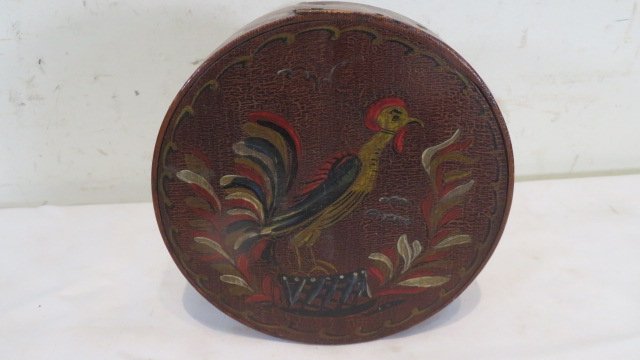 Decorated wood pantry box: 19th century wood pantry box with later paint decoration of a folky rooster, 6" dia. x 2 1/2"
