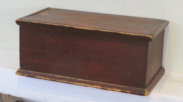 Early miniature pine blanket chest in original red paint (1 of 7)