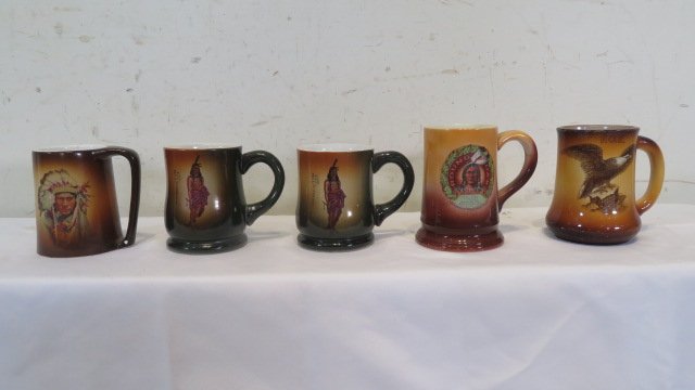 5 pottery mugs, 4 with Native Americans (1 of 7)