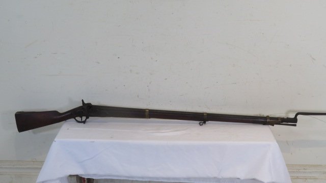 Civil War era percussion musket with bayonet: Civil War era percussion musket with bayonet, lock is marked "Potsdam", European musket used by both Union and Confederate forces, stock retained original surface, lock and barrel are in the black, ov
