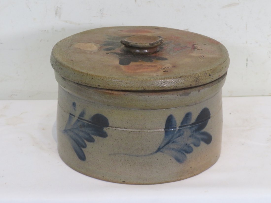 Early stoneware blue decorated cake crock with lid (1 of 7)
