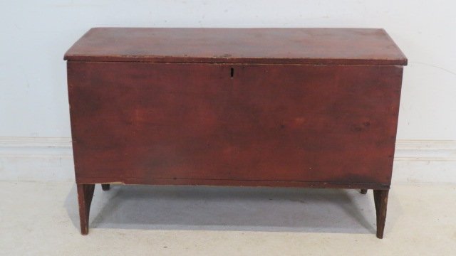Early 19th century pine New England 6-board chest in original red paint (1 of 5)