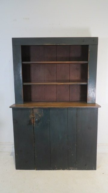 19th century pine open top step back cupboard in old green paint (1 of 7)