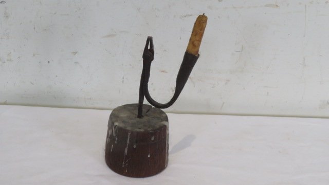 18th century wrought iron rush light and candleholder with wood base (1 of 4)