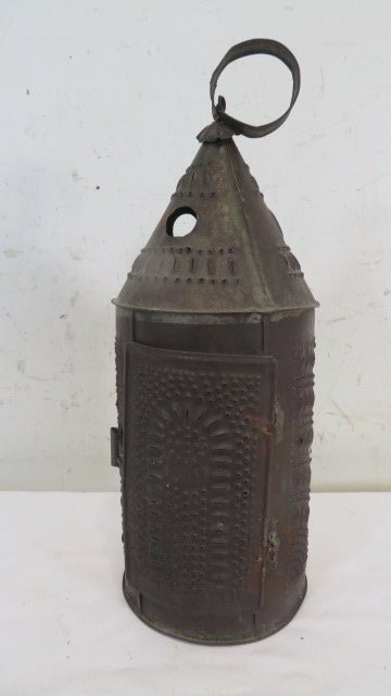 Early punched tin lantern with candle socket (1 of 5)