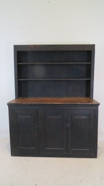 19th century pine open top 2-pc step back cupboard in black paint (1 of 8)