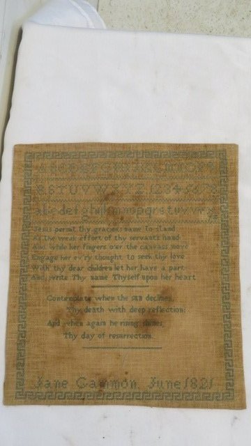 Unframed early American schoolgirl sampler dated 1821 (1 of 5)