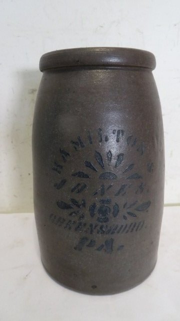 Hamilton & Jones stoneware wax sealer: Hamilton & Jones stoneware wax sealer, Greensboro, PA, stenciled mark, 10"T x 6"D